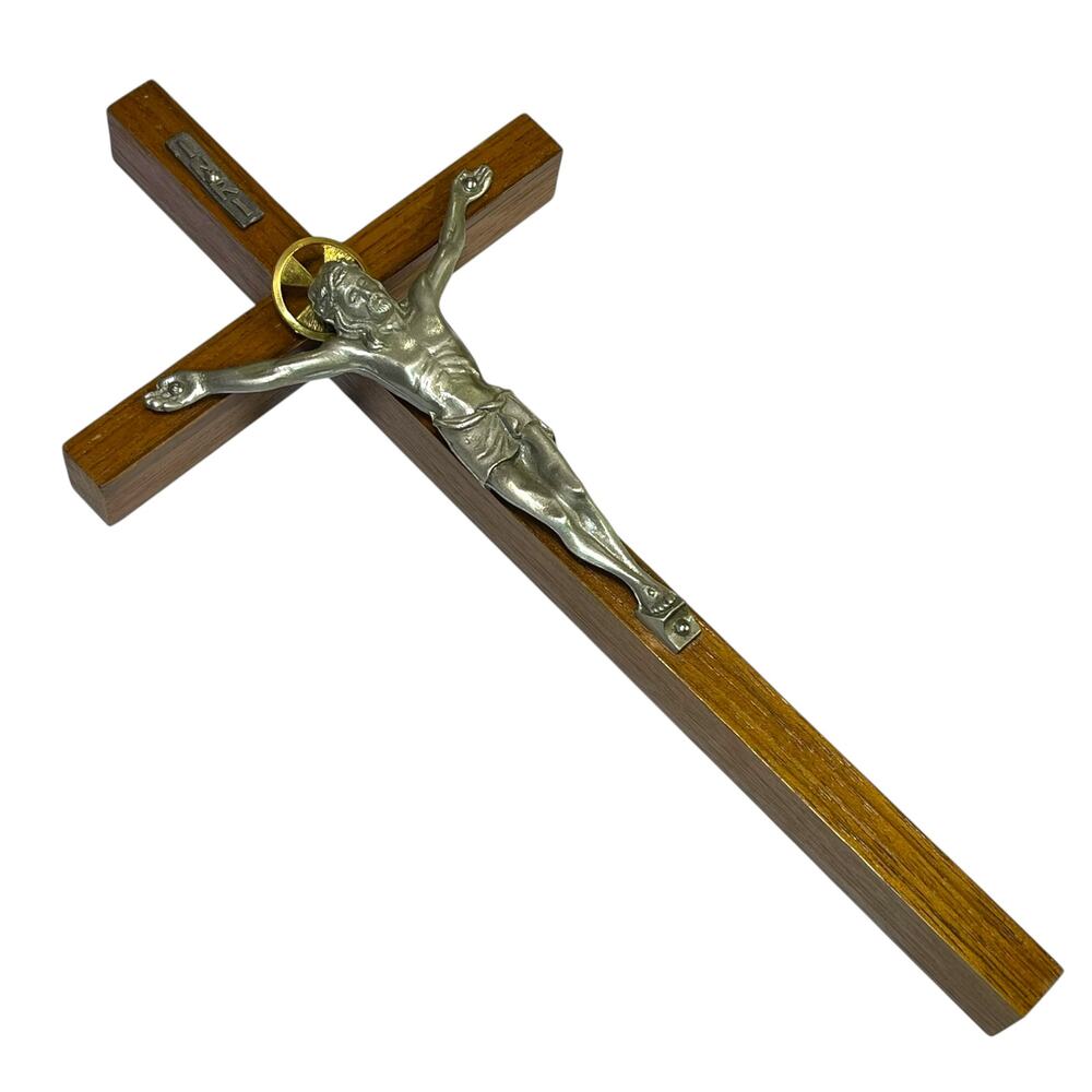 Vintage Style Wood Crucifix Jesus Cross Metal Corpus INRI Religious Wall Decor